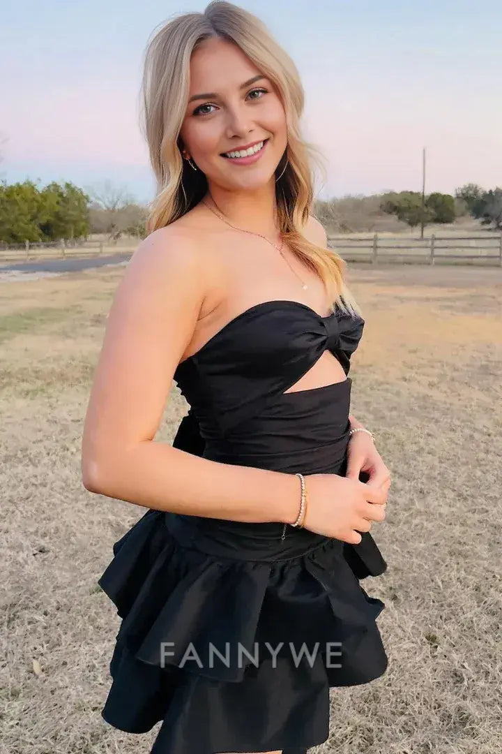 FannyWe Simple Black A-Line Strapless Keyhole Ruffles Satin Sleeveless Homecoming Dress formal wear dresses